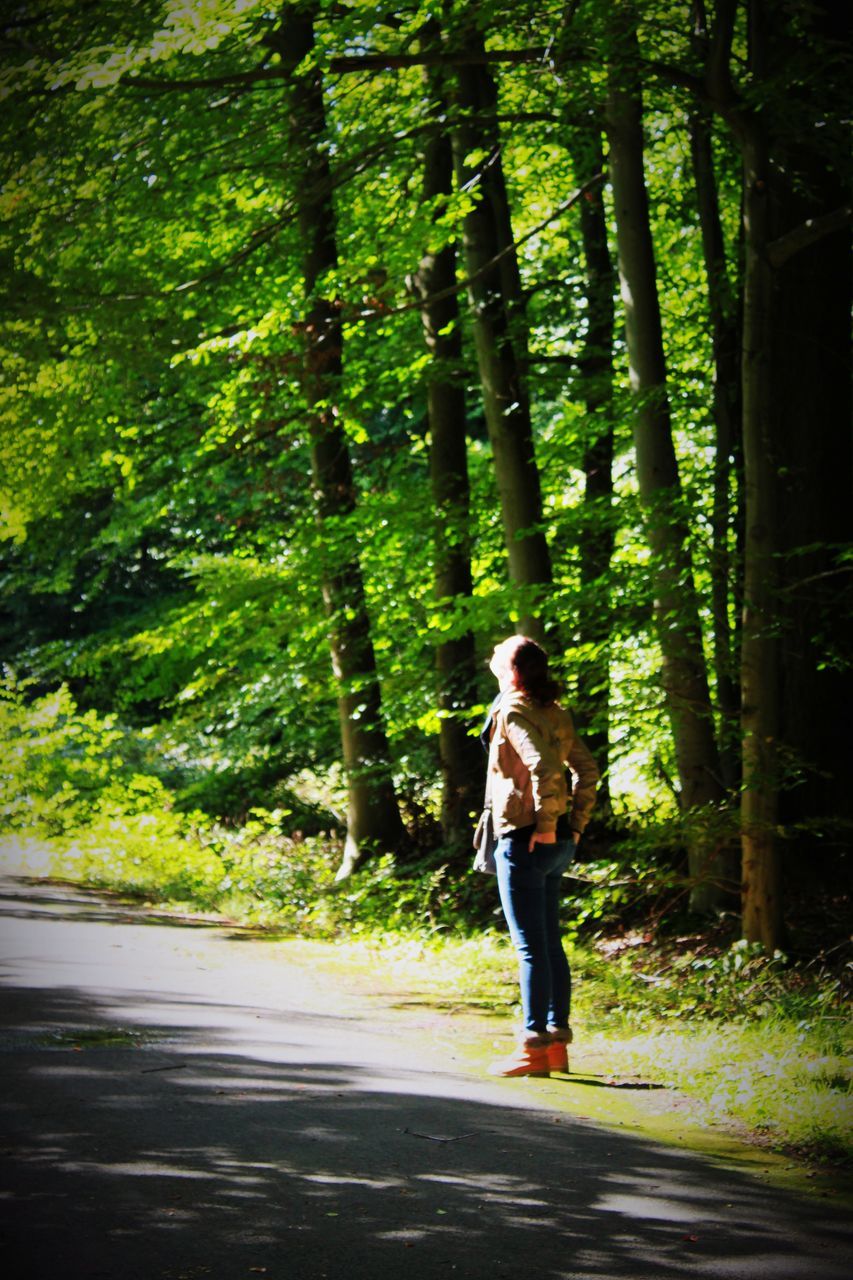 WOMAN STANDING ON ROAD AMIDST TREES IN FOREST
