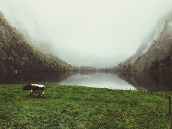 Scenic view of lake by mountains against sky