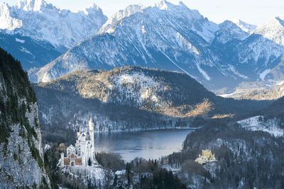 Scenic view of lake by snowcapped mountains