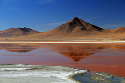 Scenic view of lake and mountains against blue sky