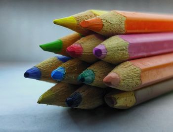 High angle view of multi colored pencils on table
