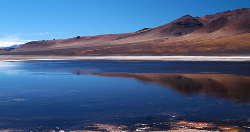 Scenic view of lake and mountains against blue sky