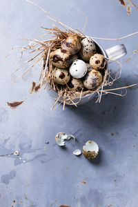 Quail eggs in vintage aluminum mug