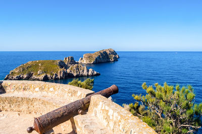 Scenic view of sea against clear blue sky