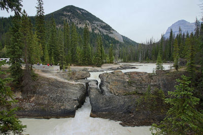 Scenic view of waterfall against sky