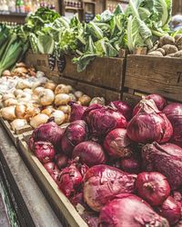 High angle view of vegetables for sale in market