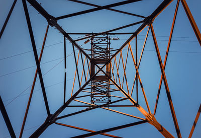 Low angle view of electricity pylon against clear sky