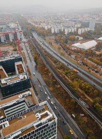 High angle view of street amidst buildings in city