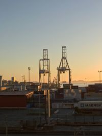 Commercial dock against clear sky during sunset