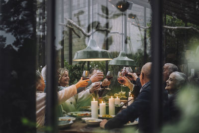 Happy senior male and female friends toasting wine during dinner party in backyard