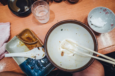 High angle view of food served on table