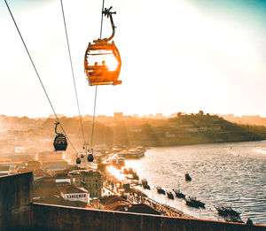 Overhead cable cars in city against sky during sunset