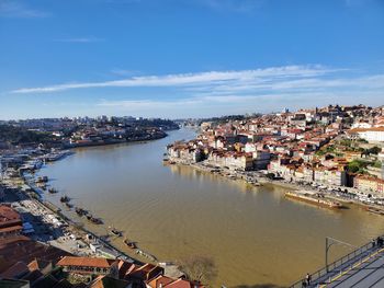 High angle view of river amidst buildings in town against sky