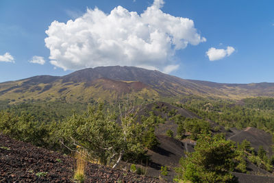 Scenic view of landscape around mount etna with rising steam clouds against blue sky