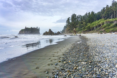 A panorama shot of ruby beach in washington state.