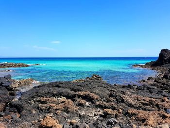 Scenic view of sea against blue sky
