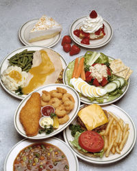 High angle view of food served on table