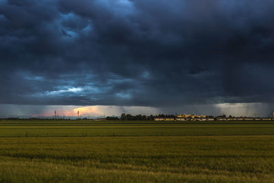 Scenic view of field against cloudy sky