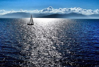 Sailboats sailing in sea against sky