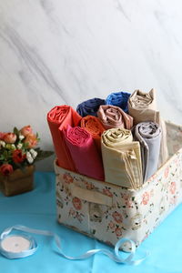 High angle view of roses on table