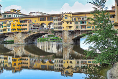 Bridge over river in city against sky