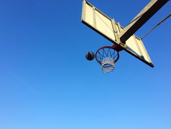 Low angle view of basketball hoop against blue sky