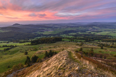 High angle view of landscape against sky during sunset