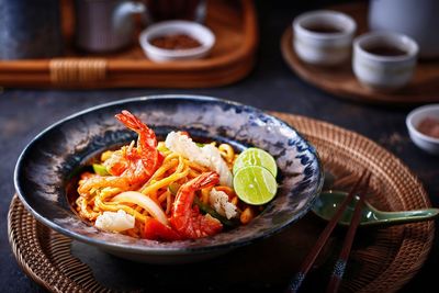 Close-up of seafood in plate on table