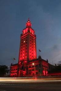 View of city lit up at night