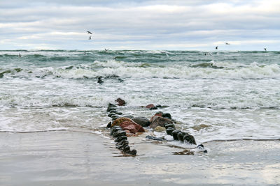 Scenic view of blue sea with foaming waves. vintage long wooden breakwaters stretching to sea