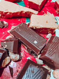 High angle view of chocolate cake on table