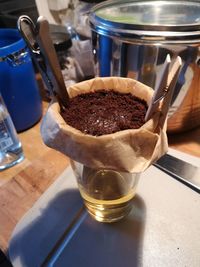 High angle view of coffee on table