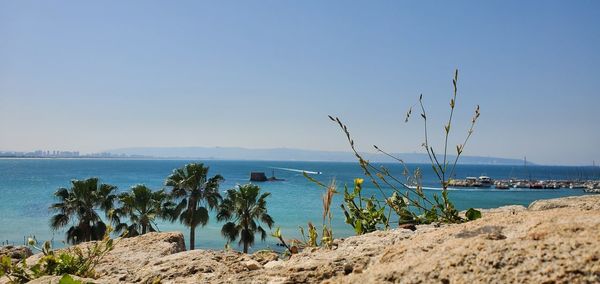 Scenic view of sea against clear blue sky