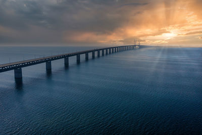 Panoramic view of oresund bridge during sunset over the baltic sea