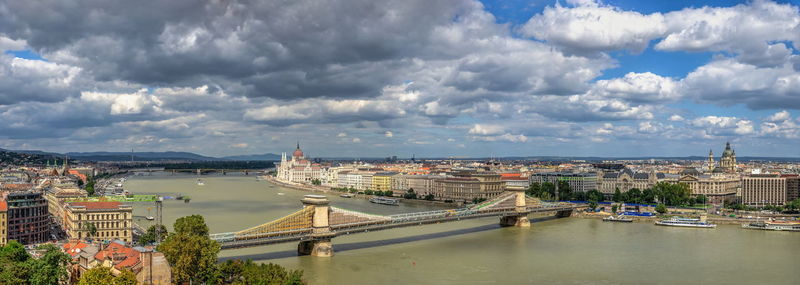 Panoramic view of the danube river and the embankment of budapest, hungary, on a summer morning