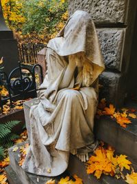 Low angle view of statue against clear sky during autumn