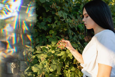 Young woman looking at berries growing on plant