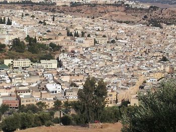 High angle view of houses in town