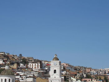 Townscape against clear blue sky