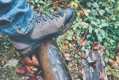 Low section of person wearing shoes on field