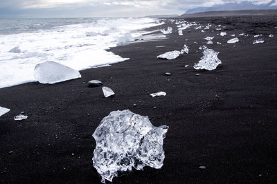 Ice on shore at beach during winter