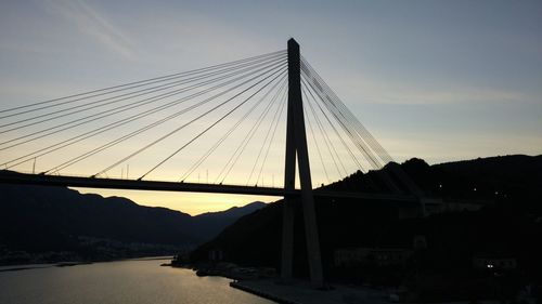 Suspension bridge against sky during sunset