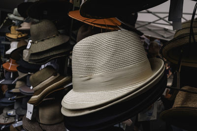 High angle view of hat on table