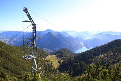 Scenic view of mountains against sky with pulley system