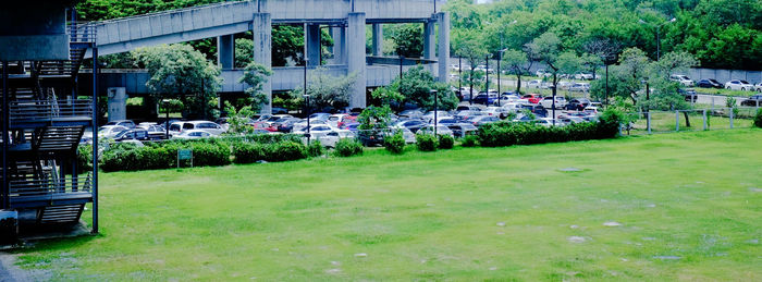 Empty chairs in lawn against building