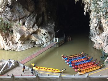 High angle view of boats in river