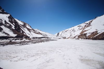 Scenic view of snowcapped mountains against clear sky