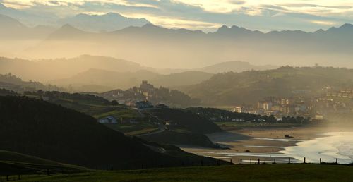 High angle view of landscape against sky during sunset