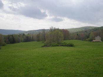 Scenic view of grassy field against cloudy sky