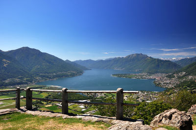 Scenic view of sea and mountains against clear blue sky